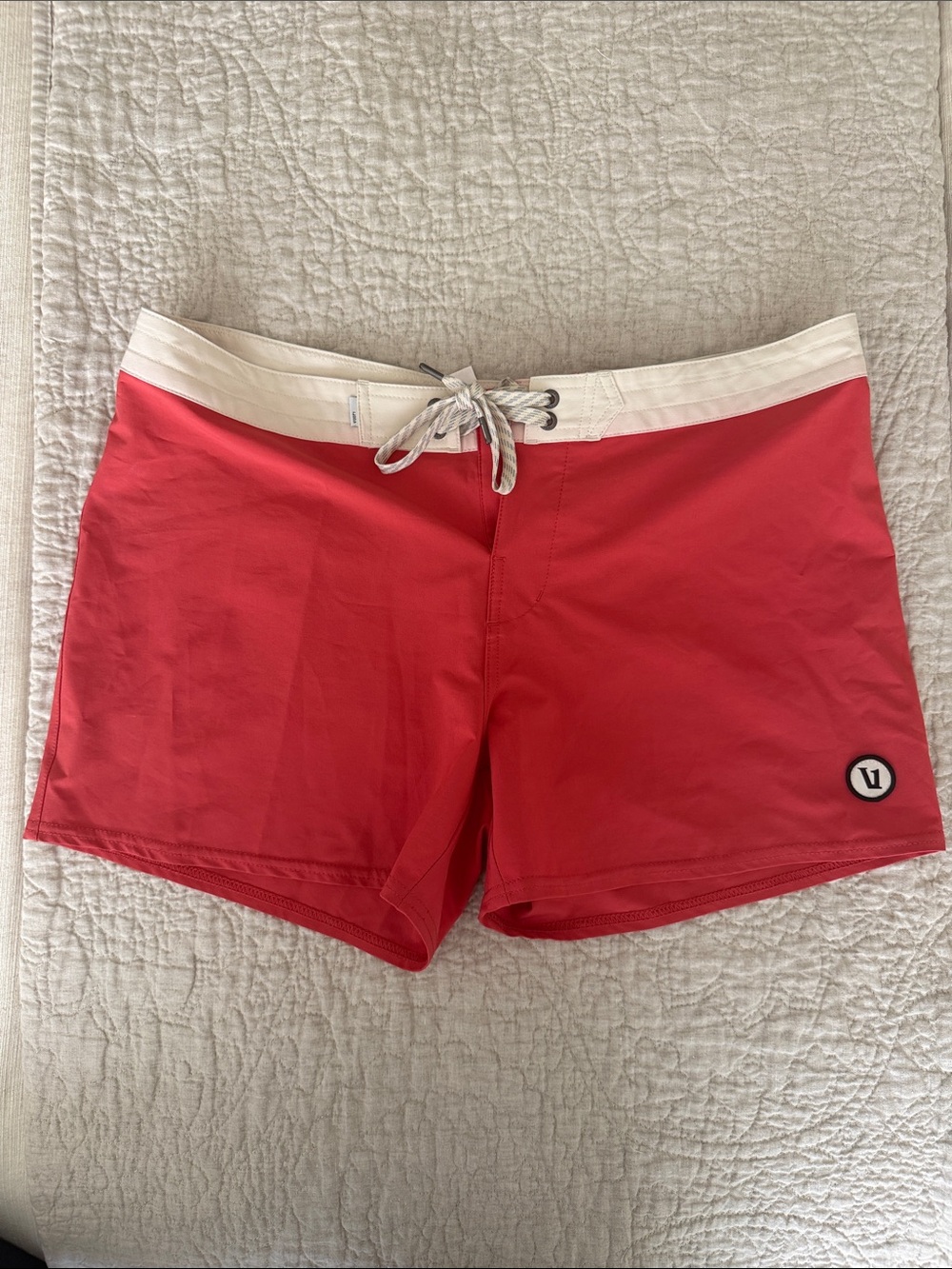 Vuori Coral-Red Swim Shorts with Cream Waistband